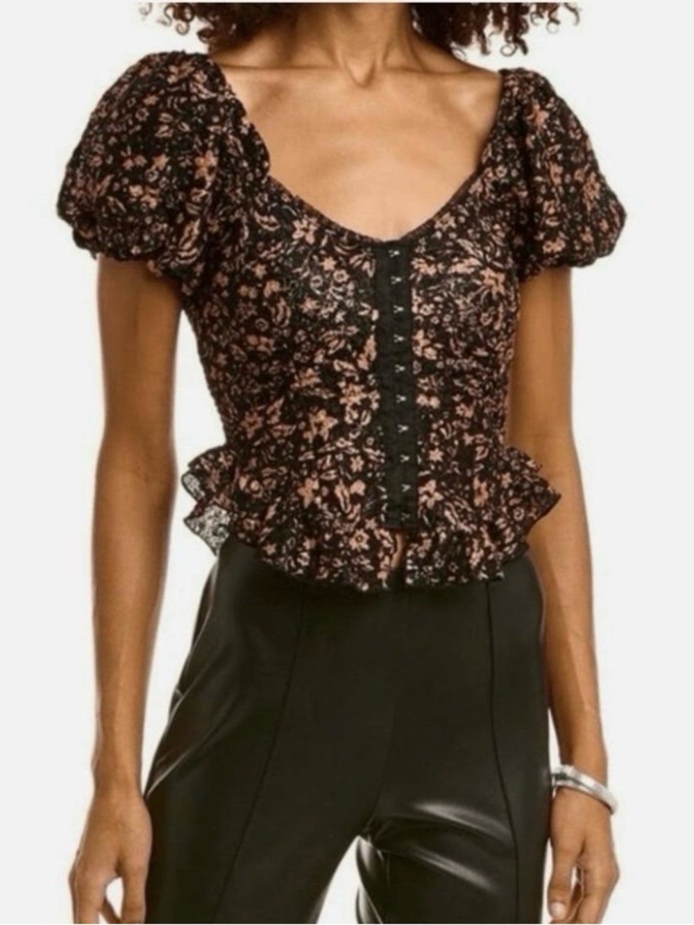 Free People Black Puff Sleeve Floral Lace-Trim Blouse oh baby corset medium